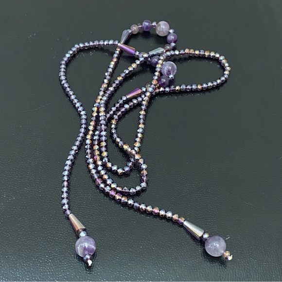 Handmade Amethyst Stone AB Purple Crystal Beads Lariat 40” Necklace - Picture 5 of 16